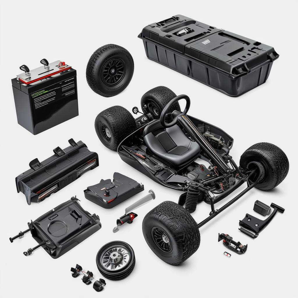 realistic image of an EV GoKart parts breakdown, show EV battery for the Gokart in the parts as well without any text-1